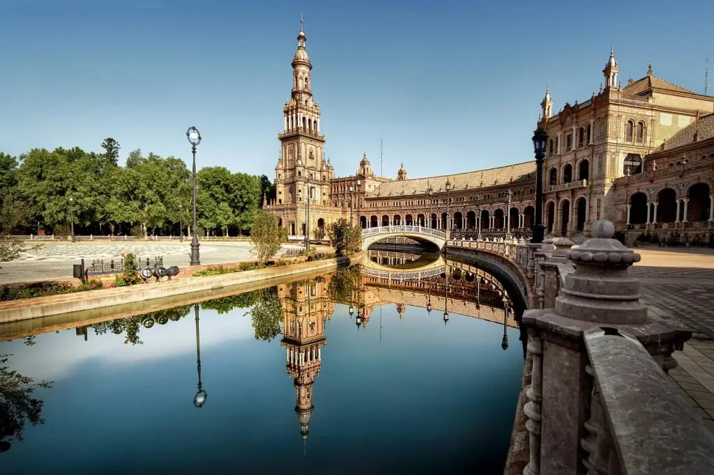 About city, cityscape, architecture, building, travel, nikon, seville, spain, reflection, pond, palace, tower, seville, spain, spain, spain, spain, spain