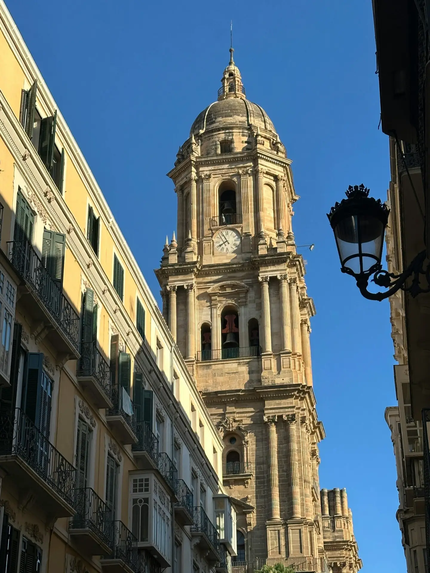 Home View of the historic Málaga Cathedral tower with clear blue skies.